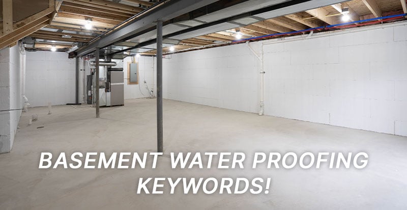 Clean basement with text Basement waterproofing keywords