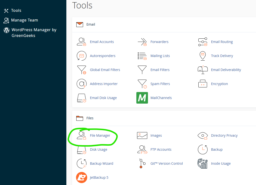 screenshot showing where the file manager lives in cPanel