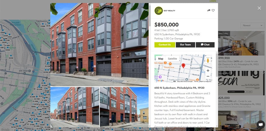 Screenshot of the property listing popup