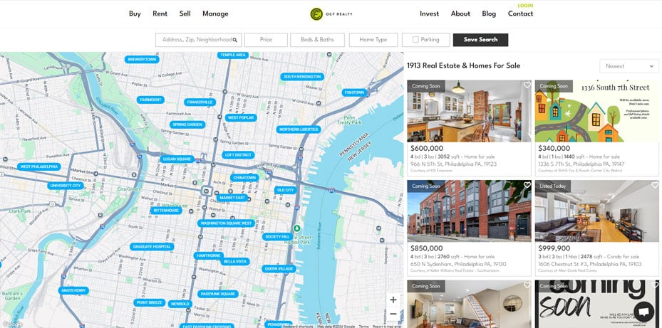 Screenshot of the property search page