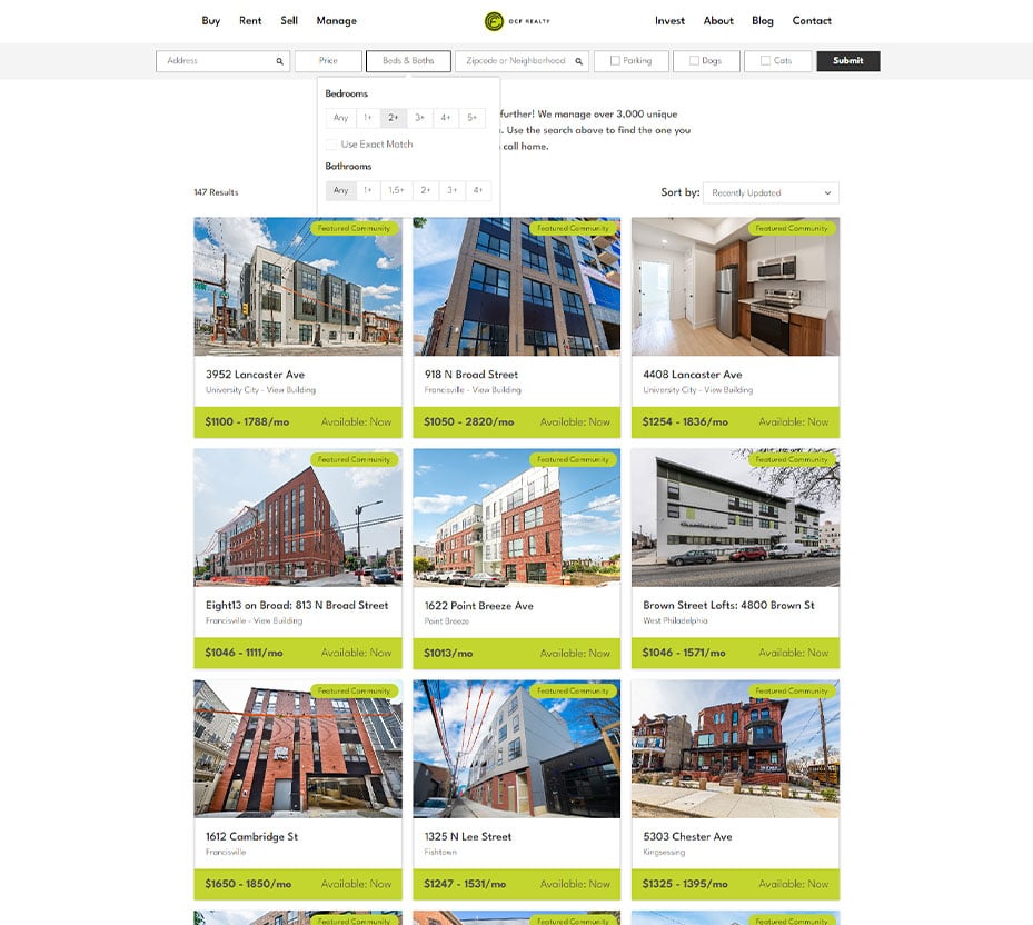 Screenshot of the rental search page