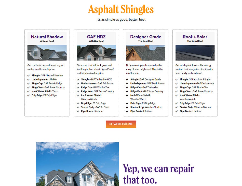 Screenshot of the Roofing services page