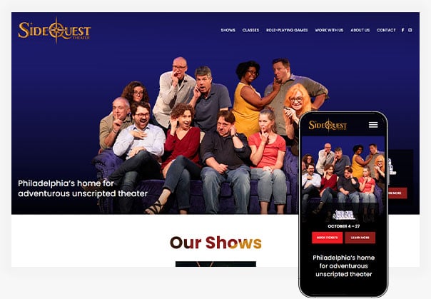 SideQuest Theater website and mobile view